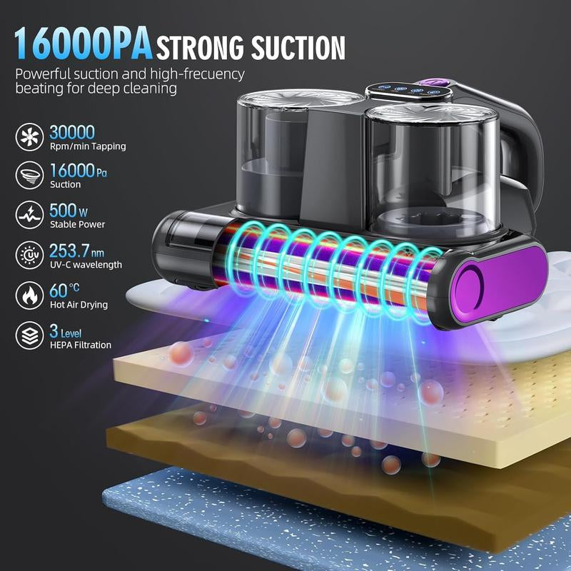 JPHYLL 6-in-1 Lightweight Handheld Mattress Mite Vacuum Cleaner with LED Display, 16Kpa Suction Power, 380W Brushless Motor, and UV-C Light for Pet Hair and Carpet Cleaning