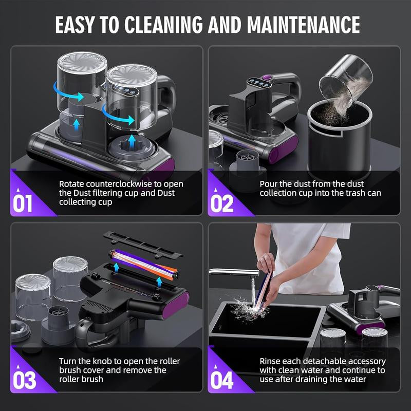 JPHYLL 6-in-1 Lightweight Handheld Mattress Mite Vacuum Cleaner with LED Display, 16Kpa Suction Power, 380W Brushless Motor, and UV-C Light for Pet Hair and Carpet Cleaning