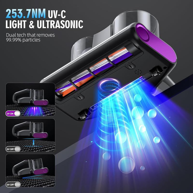 JPHYLL 6-in-1 Lightweight Handheld Mattress Mite Vacuum Cleaner with LED Display, 16Kpa Suction Power, 380W Brushless Motor, and UV-C Light for Pet Hair and Carpet Cleaning